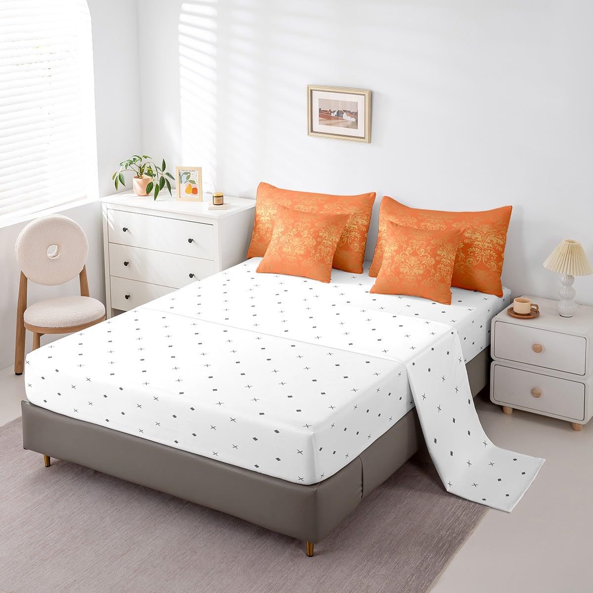 Gothic Damask 7 Piece Comforter Set Full Bed in a Bag, Exotic Moth Bedding Sets Orange and Yellow Victorian Floral