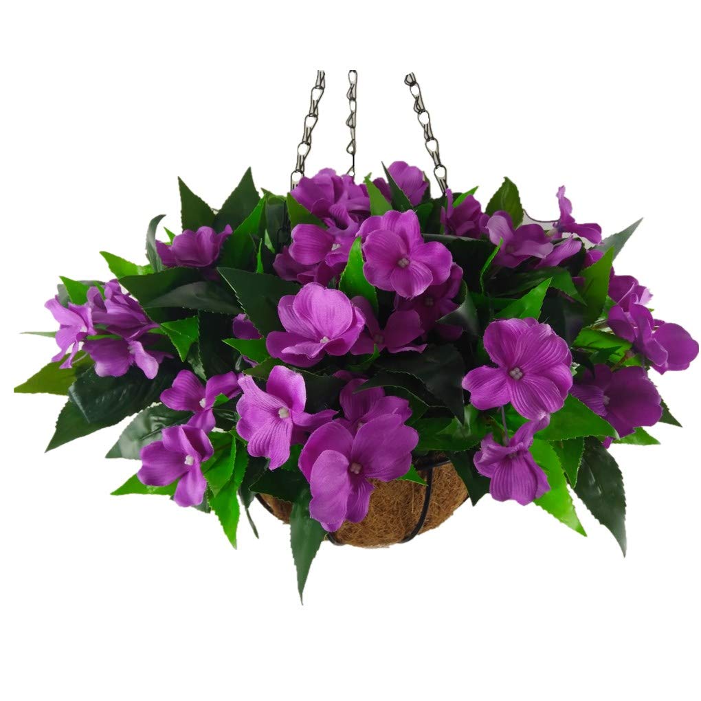 Fake Silk Impatiens Flower Pot Chain Hanging Basket Flowers Artificial Impatiens Balsamina Purple (7.8 inch)