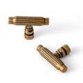 6 Pack Antique Brass Cabinet T-Bar Knob - Vintage Vertical Groove Textured Grip for Kithcen Drawers & Cupboard
