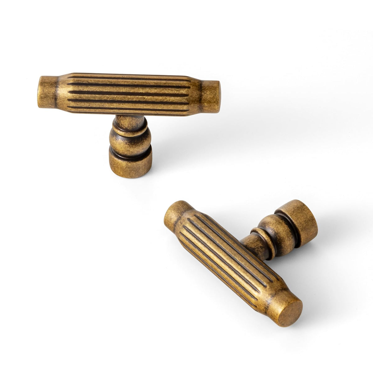 6 Pack Antique Brass Cabinet T-Bar Knob - Vintage Vertical Groove Textured Grip for Kithcen Drawers & Cupboard