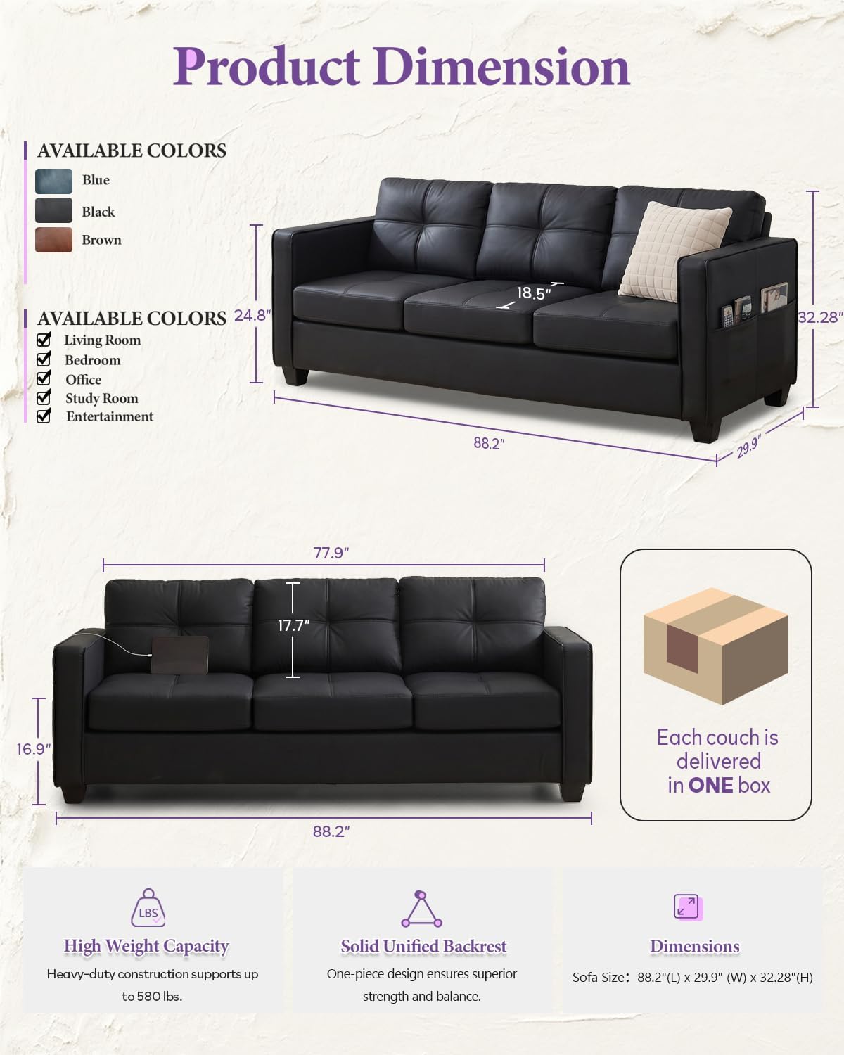 Black Faux Leather Sectional Couch, 3-Piece Sofa Set
