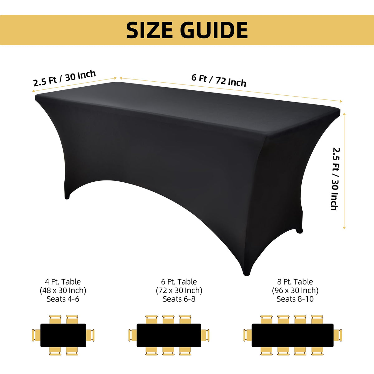 6-Pack 6ft Black Spandex Table Covers for Rectangle Standard Folding Tables - Wrinkle Resistant Stretch Tablecloths