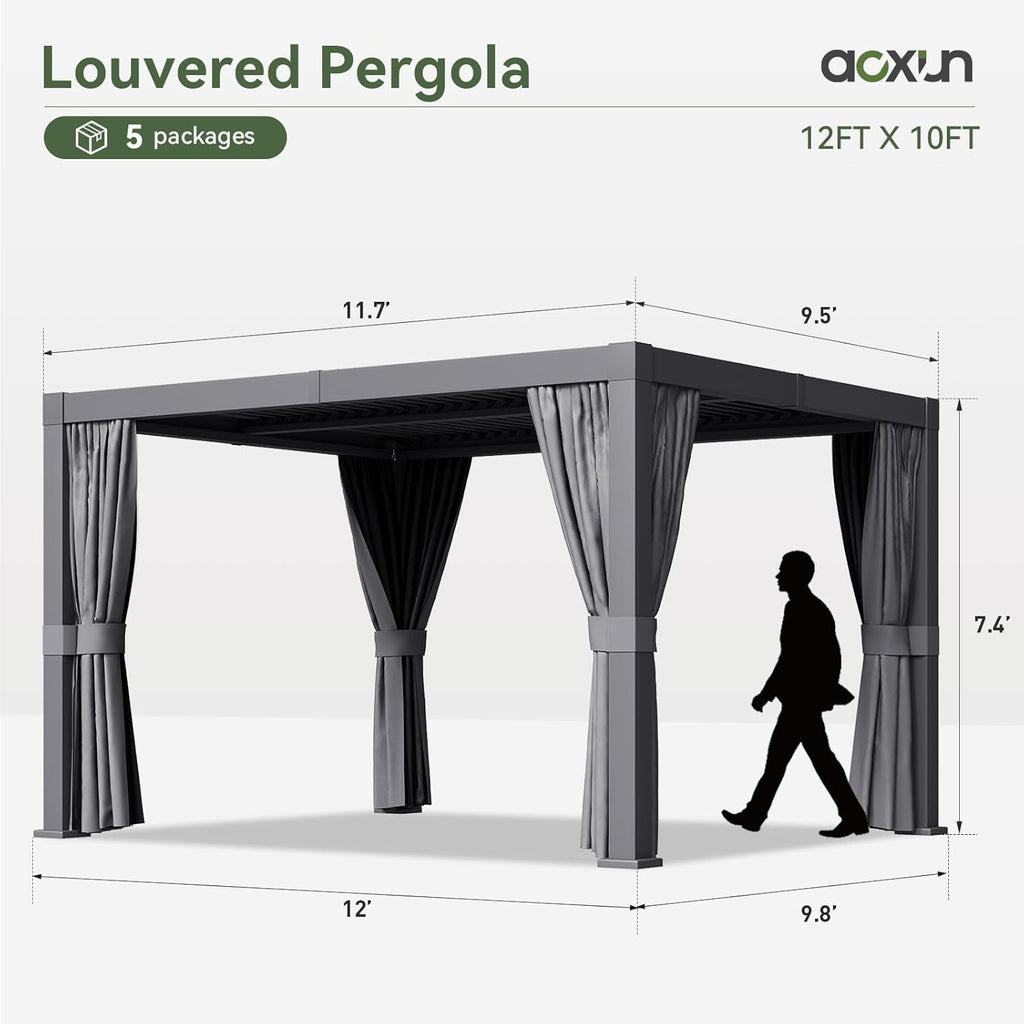 Louvered Pergola 10' x 12' Outdoor Aluminum Pergola with Adjustable Top for Decks, Gardens and Backyards, Gray