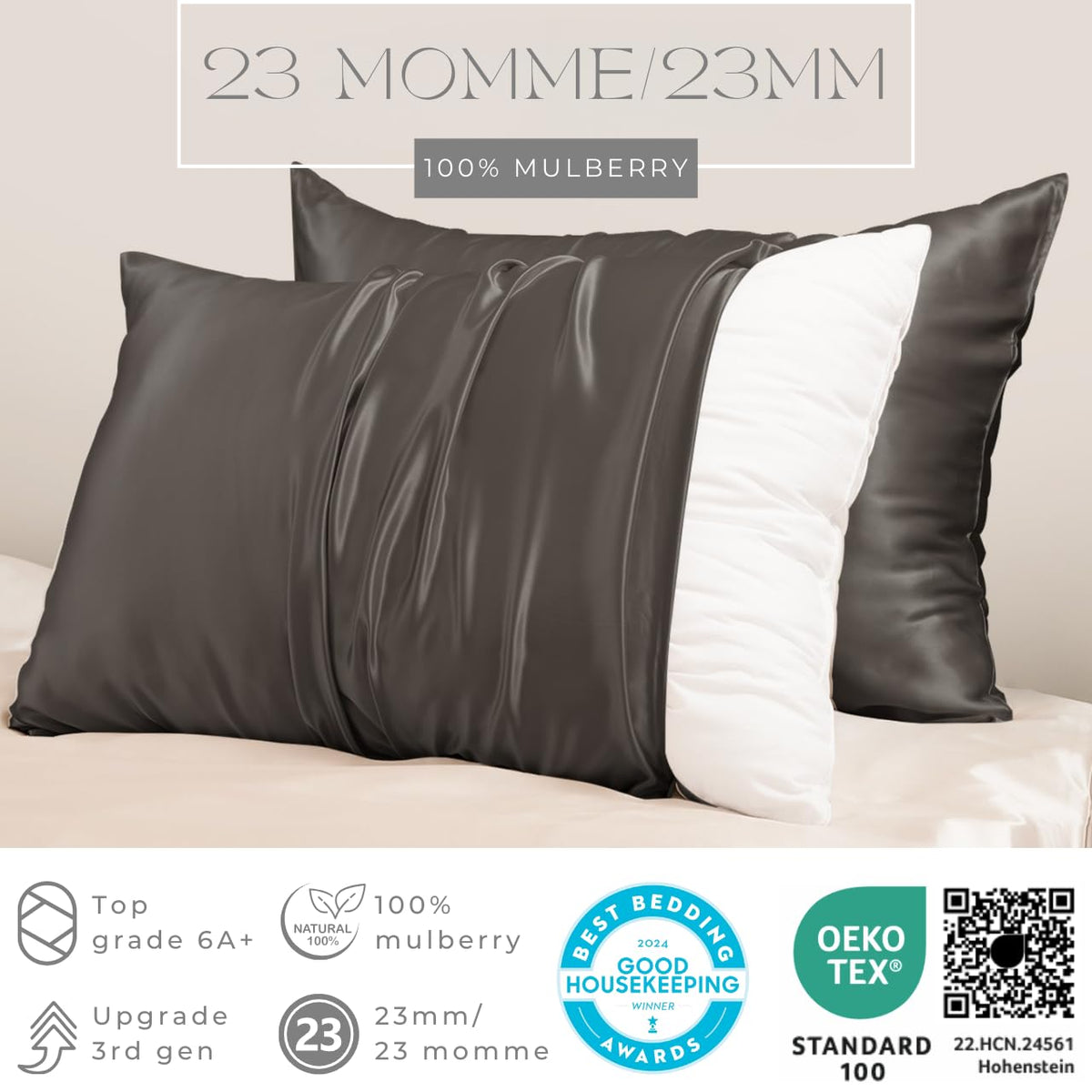 23 Momme 100% Mulberry Silk Pillowcase 2 Pack