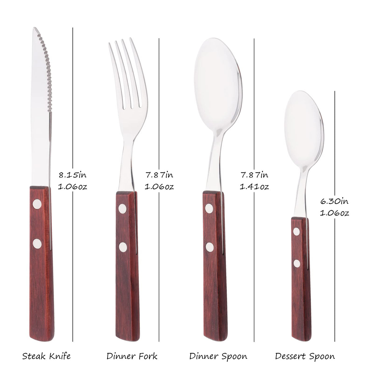 Wooden Handle Flatware Set, Knives Forks Spoons Set for 6, 24-Piece 304 Stainless Steel Kitchen Utensils Set