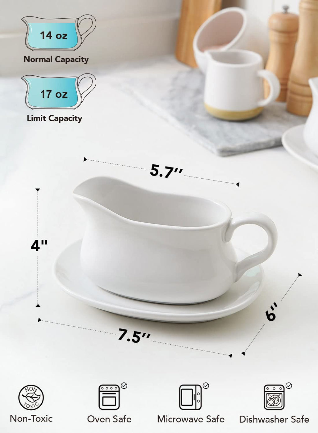 17oz Gravy Boat with Saucer Stand, Set of 1, Ceramic Sauce Boat with Tray for Salad Dressings, Creamer, Broth, Black