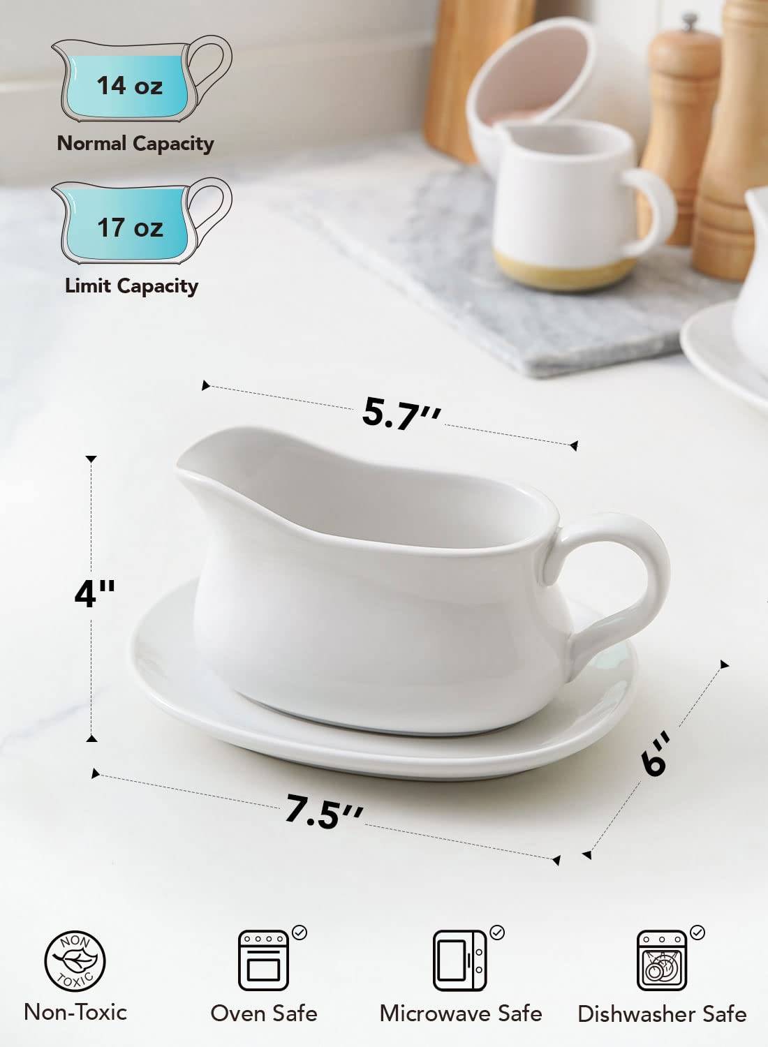 17oz Gravy Boat with Saucer Stand, Set of 2, Ceramic Sauce Boat with Tray for Salad Dressings, Creamer, Broth, Black