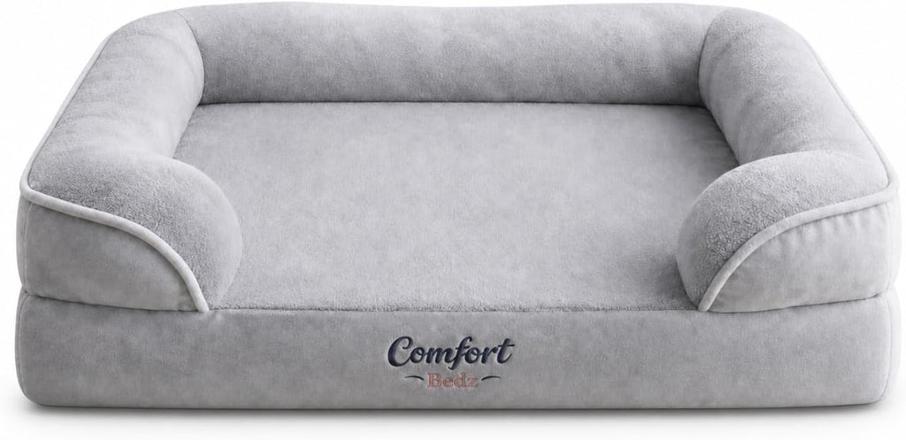 Orthopedic Dog Sofa Bed, Gray, Plush, Raised Bolsters, Supportive Foam, for Dogs (Large)