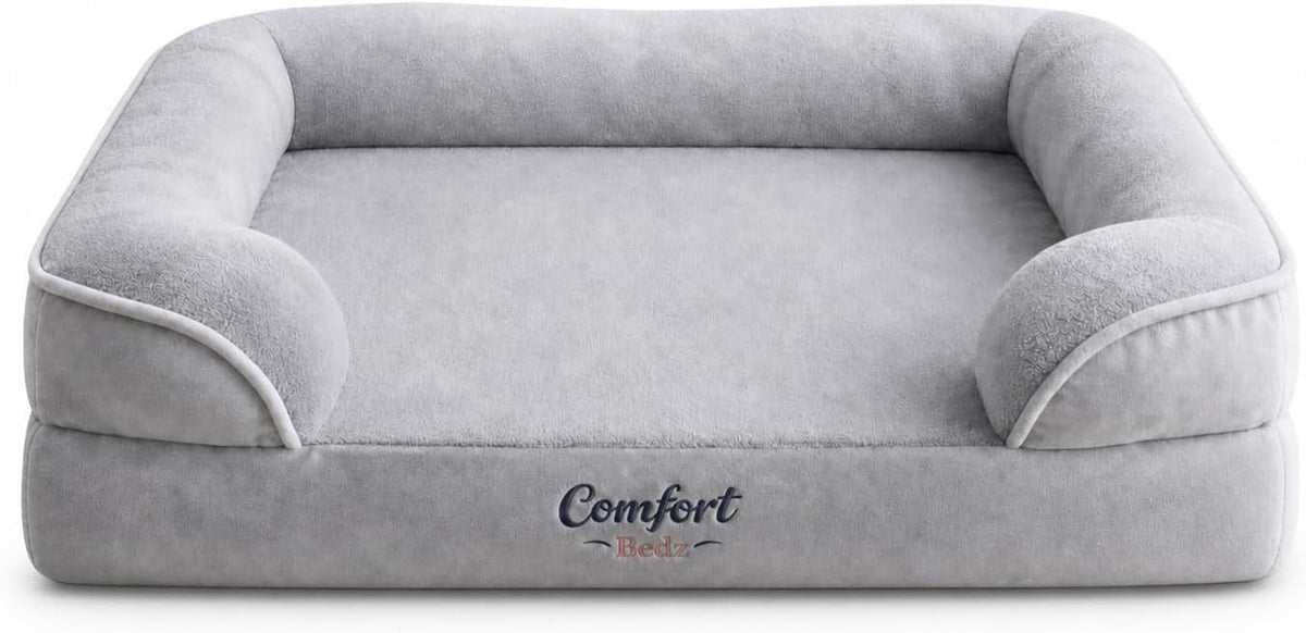 Orthopedic Dog Sofa Bed, Gray, Plush, Raised Bolsters, Supportive Foam, for Dogs (Large)