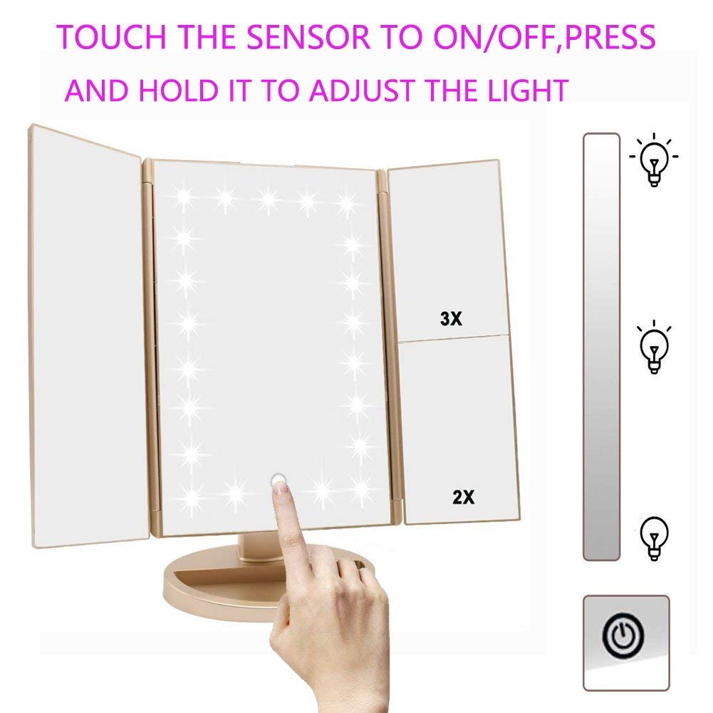 Floor Mount Tri-Fold Lighted Vanity Mirror with 21 LED Lights, Touch Screen and 3X/2X/1X Magnification, Two Power