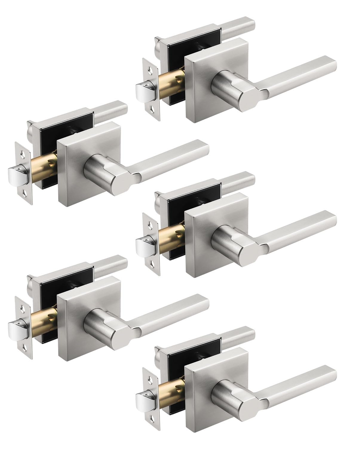 5 Pack Square Brushed Nickel Door Handles Interior, Non-Locking Interior Passage Door Lock Hallway/Closet Door Lever