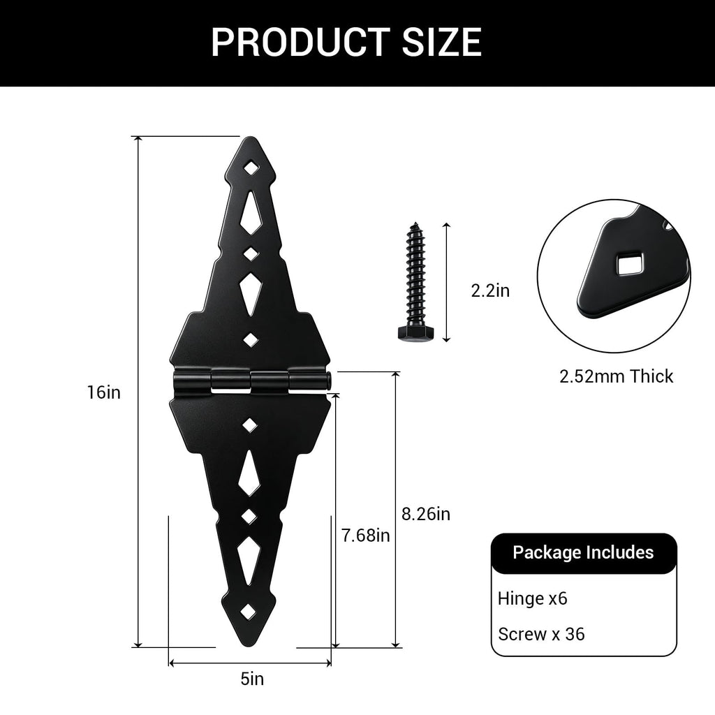 8" Heavy Duty Gate Hinges, 6 Pack Strap Hinges, Black