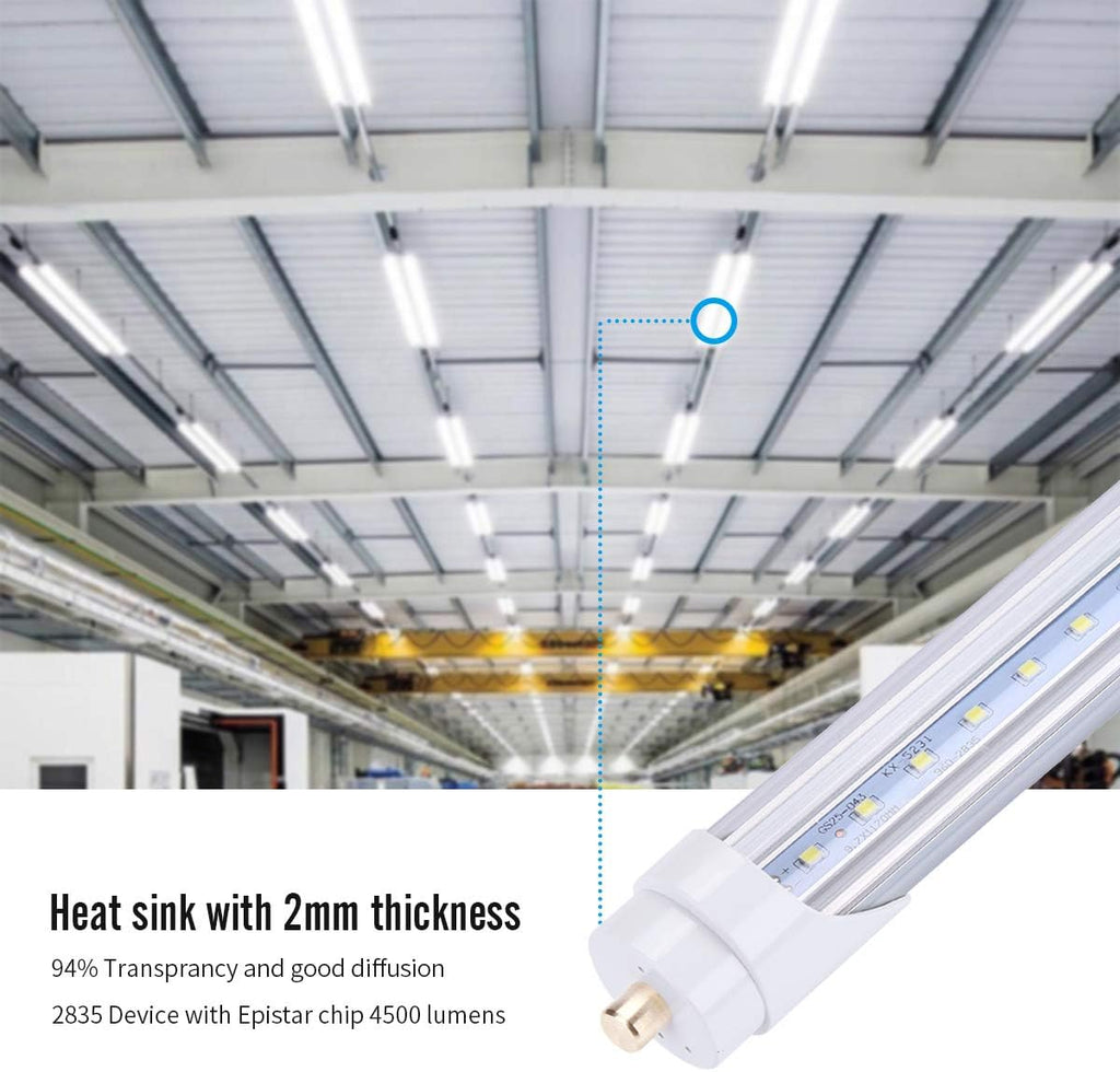 T8 8FT LED Light Tube 45W (Ballast Removal) Clear Cover, Single Pin FA8 Base, Replace 100W Fluorescent Lamp Shop
