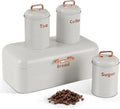 White Bread Box Countertop with Tea Coffee Sugar Containers Set - Metal Bread Storage Bin with Lid, Kitchen Canister - Set of 4