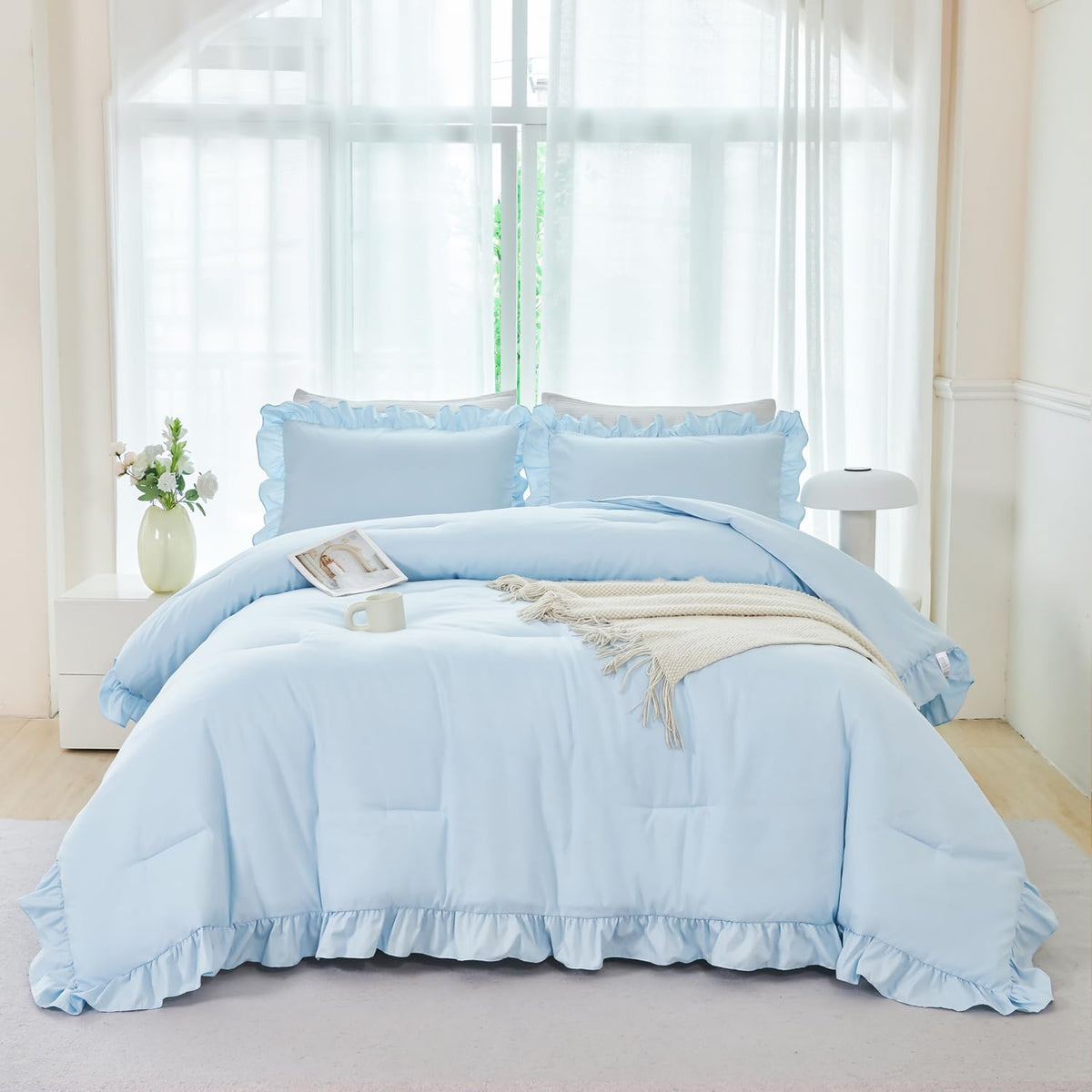 5 Pieces Light Blue Full Bed in A Bag for Kids Girls Ruffle Bedding Sets Boho Comforter Set Vintage Farmhouse Bedding - Set of 5