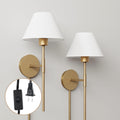 Millie Plug-in Wall Sconce, Wall Mounted Bedside Reading Lamp with Cotton Shade and Brass Back Plate, Set of 2