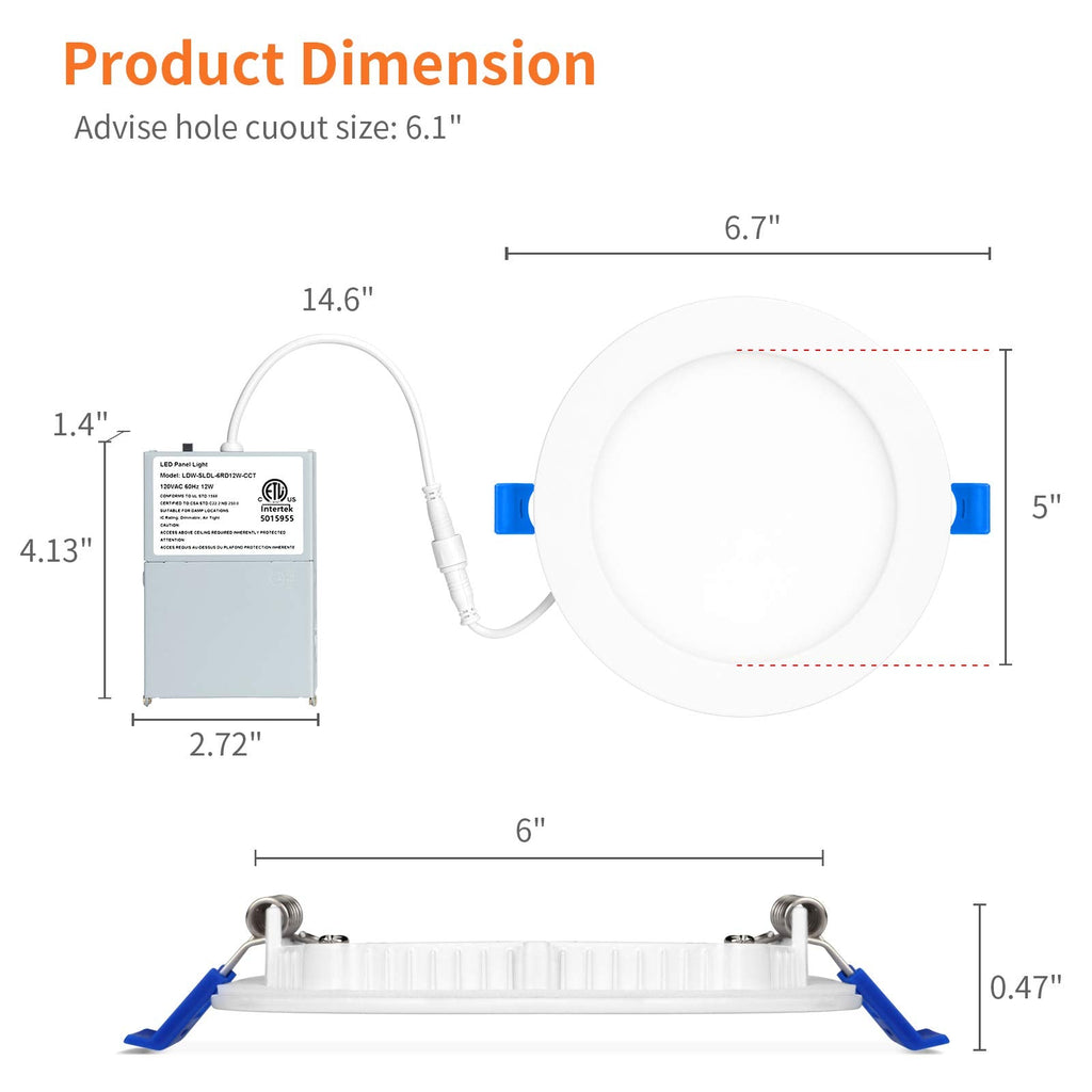 4 Pack 6 Inch 5CCT LED Recessed Lighting, Canless Wafer Downlight