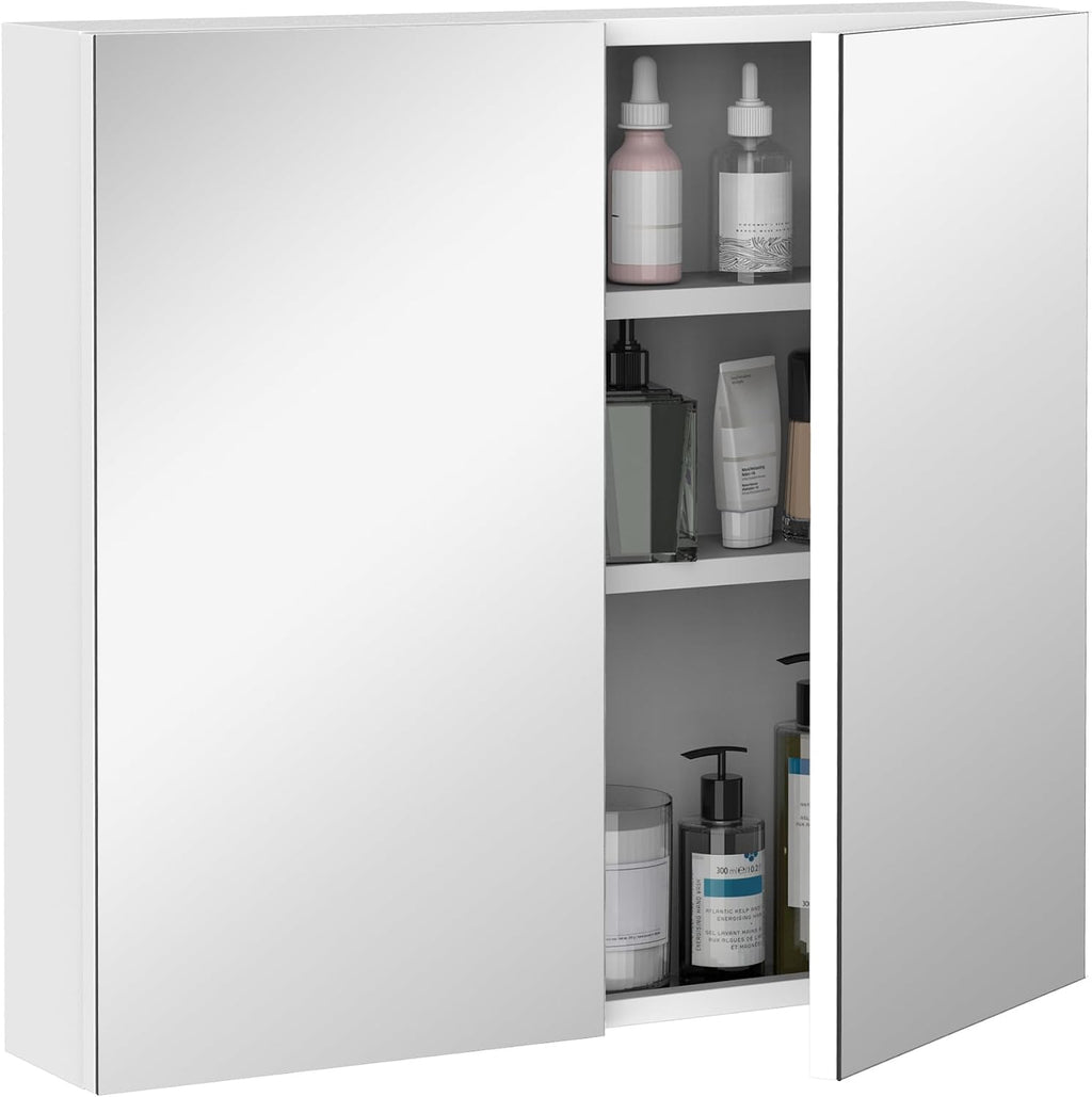 Bathroom Mirrored Cabinet Steel Frame Double Doors 24"x22" White | Medicine Cabinet, Wall-Mounted Storage Organizer
