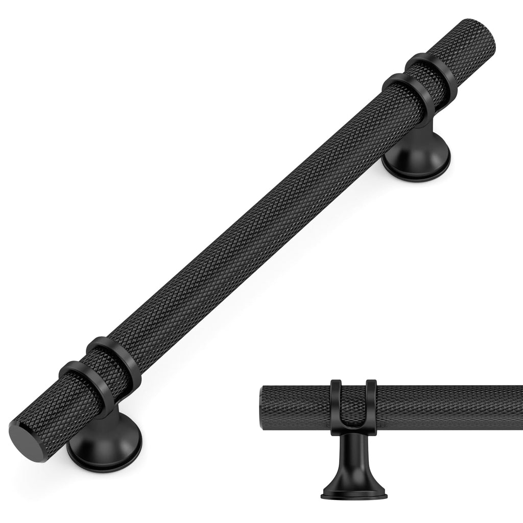 10 Pack Knurled Matte Black Cabinet Pulls 6.3 Inch Hole Center Kitchen Cabinet Handles for Drawer, Cupboard and
