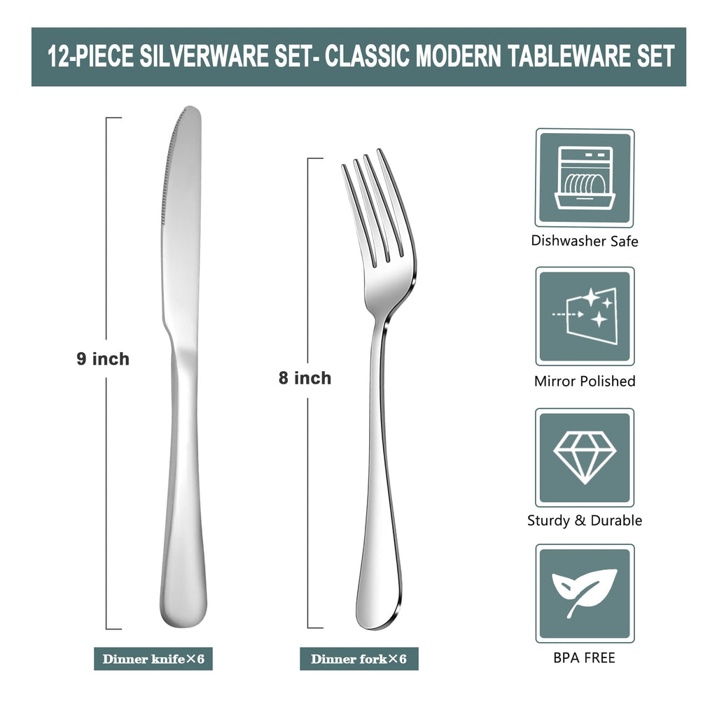 12 Piece Silverware Set with 6 Dinner Knives and 6 Dinner Forks,Flatware Set with Top Food Grade Stainless