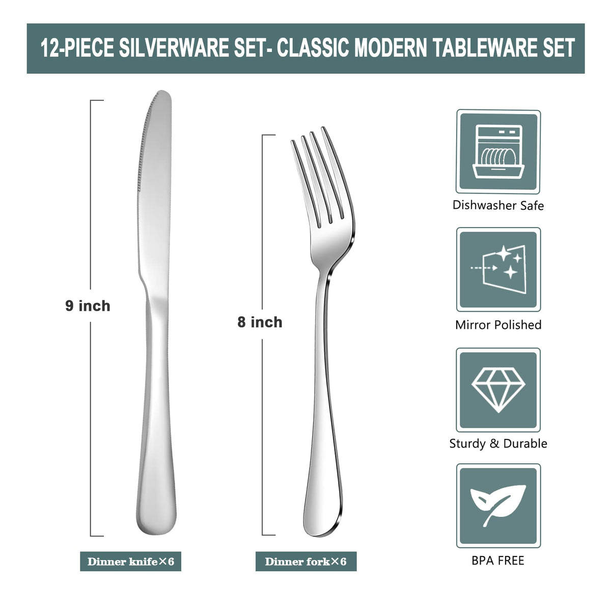 12 Piece Silverware Set with 6 Dinner Knives and 6 Dinner Forks,Flatware Set with Top Food Grade Stainless