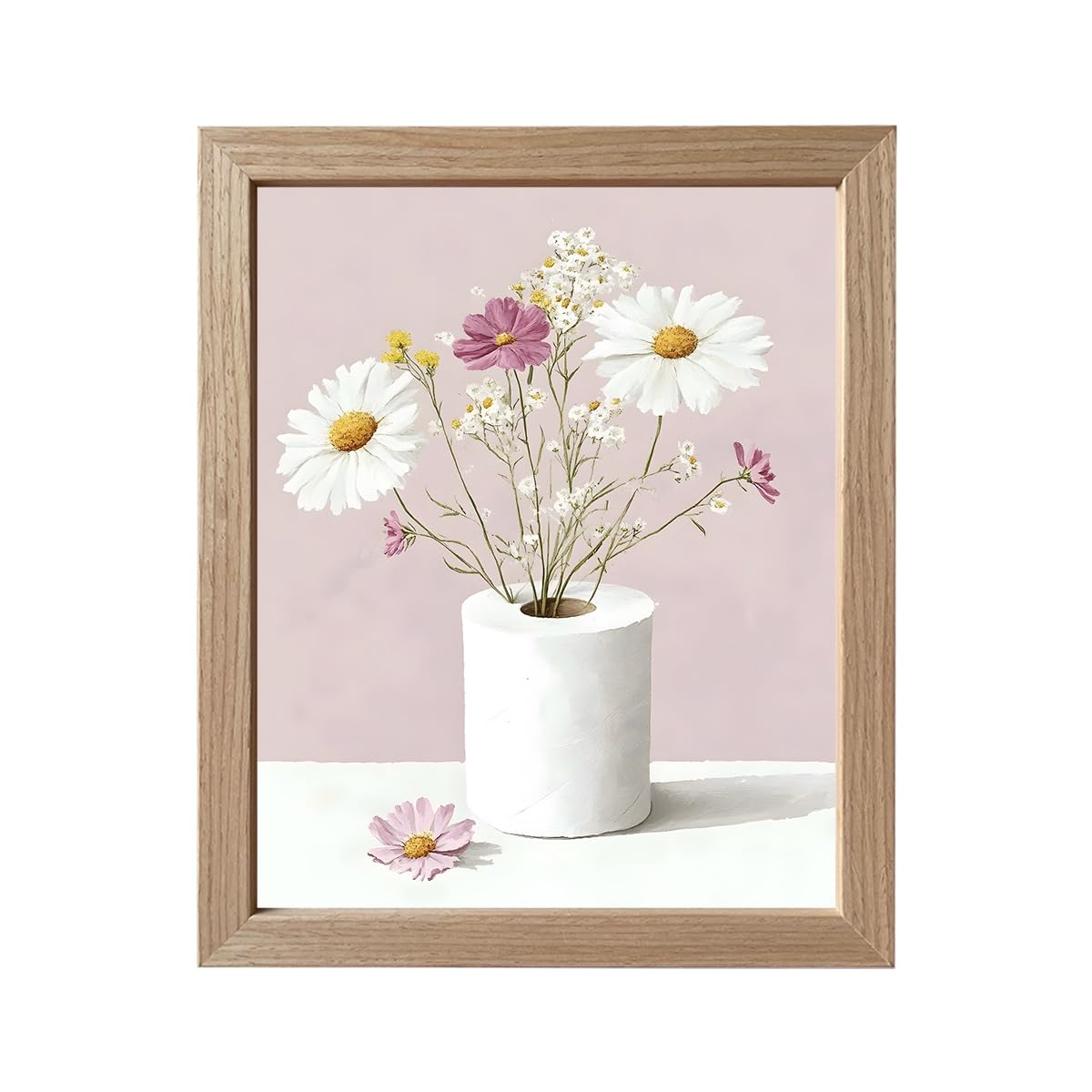 Framed Pink Bathroom Wall Art Funny Toilet Paper with Floral Restroom Decor