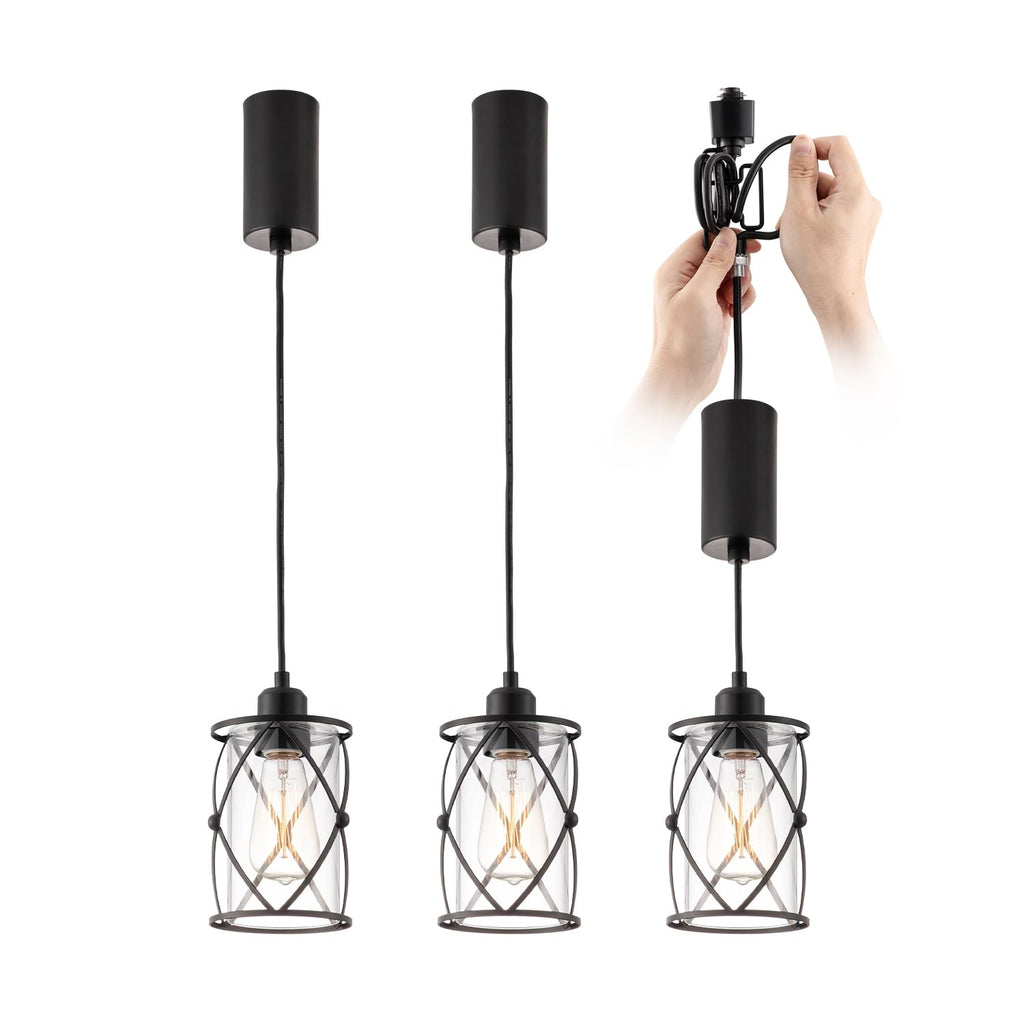 H-Type Black Track Lighting Pendant with Dotted Cage Clear Glass, Adjustable Hanging Light, E26 Socket, Pack of 3
