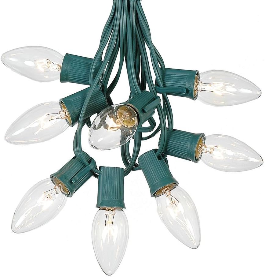 C9 Clear 100 Foot Christmas String Light Set, Green Wire