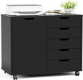 5-Drawer File Cabinet, Printer Stand with Storage, Black | Wood Under Desk with Organizer with Door and Adjustable