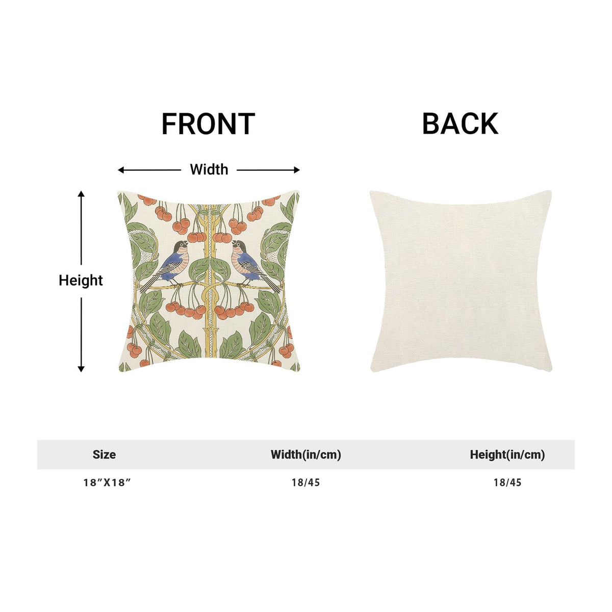 Boho Pillow Covers 18x18 Inch Set of 2 Blue Orange Vintage Botanical Bird Throw Pillows Seasonal Cherries Bird Floral