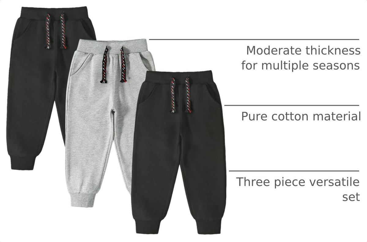 Boys Pants Sweatpants,3 Pack Cotton Pull On Jogger Pants Black/Grey