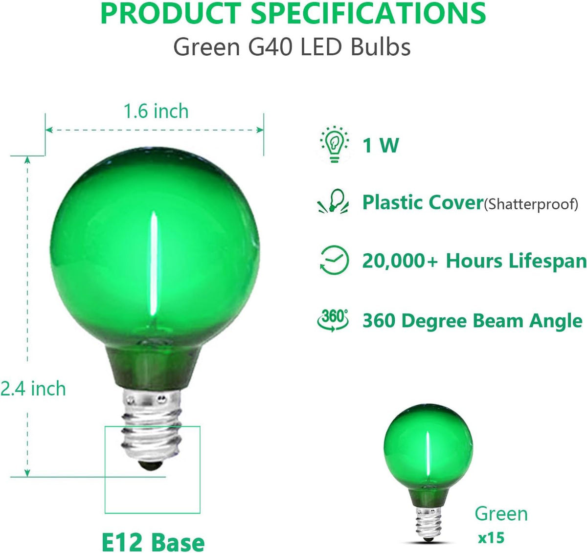 G40 Green Light Bulb LED Replacement Bulbs, Shatterproof E12 1W