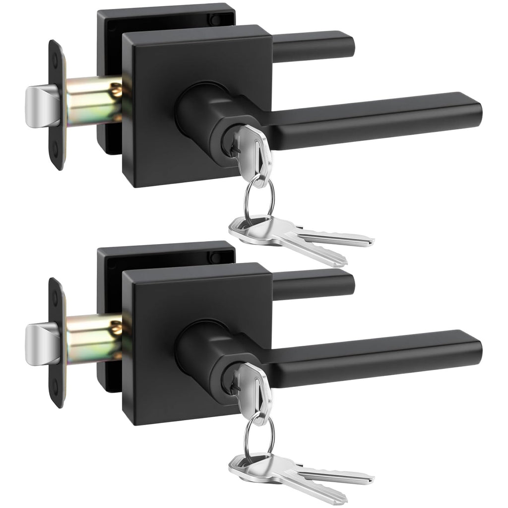 Matte Black Door Handles with Lock and Key, Keyed Entry 2 Pack