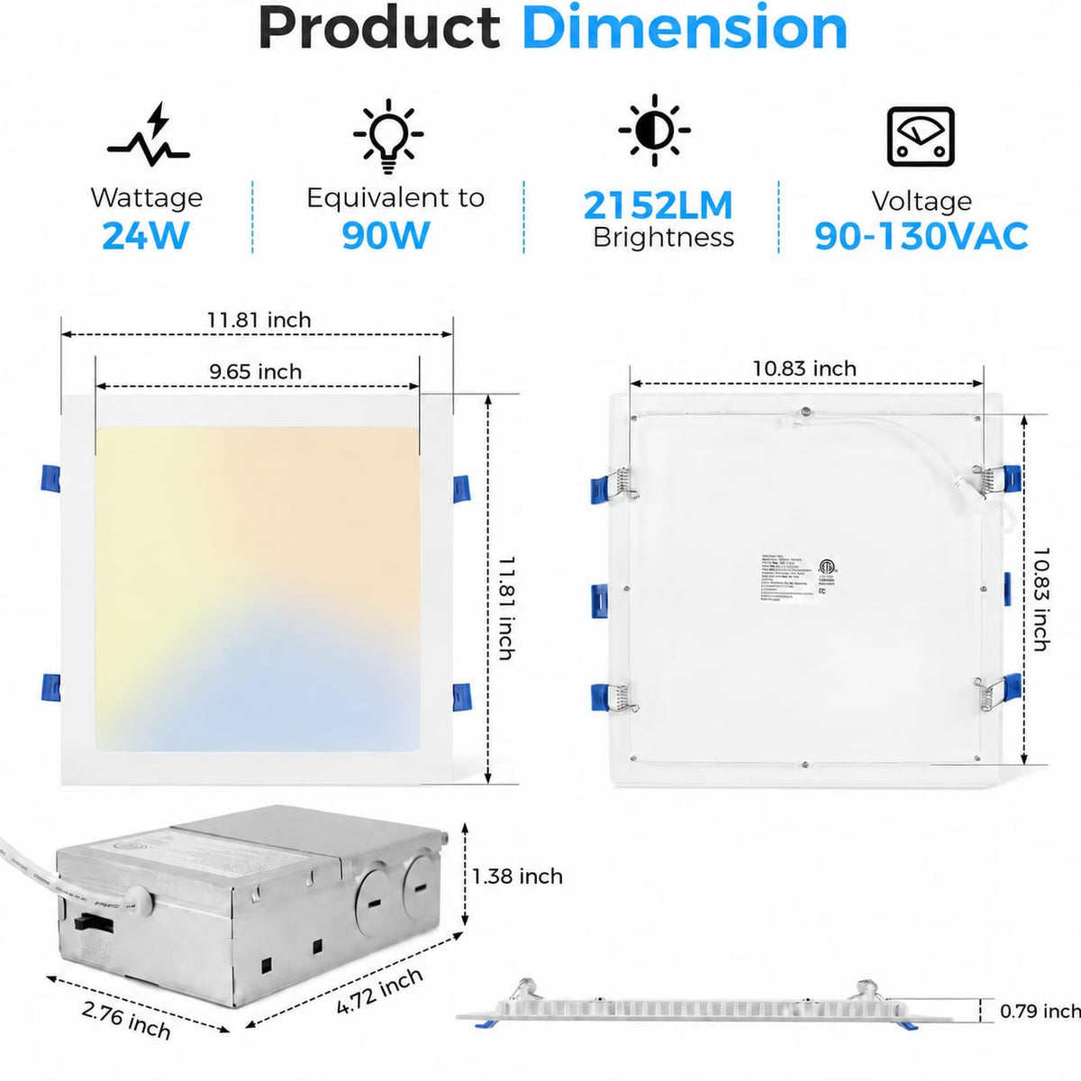 12 Inch Square LED Recessed Lighting, 24W, 5CCT, Ultra-Thin