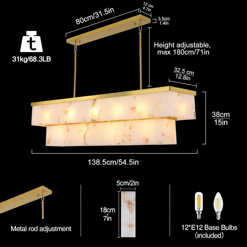 Inspired Alabaster Style Rectangle Alabaster Chandelier, L55 Marble Rectangular Chandeliers for Dining Room, 2 Tiers Gold Dining Room Chandelier Over Table Brass Modern Cahndeliers for Kitchen Island(Include 12 Bulbs)