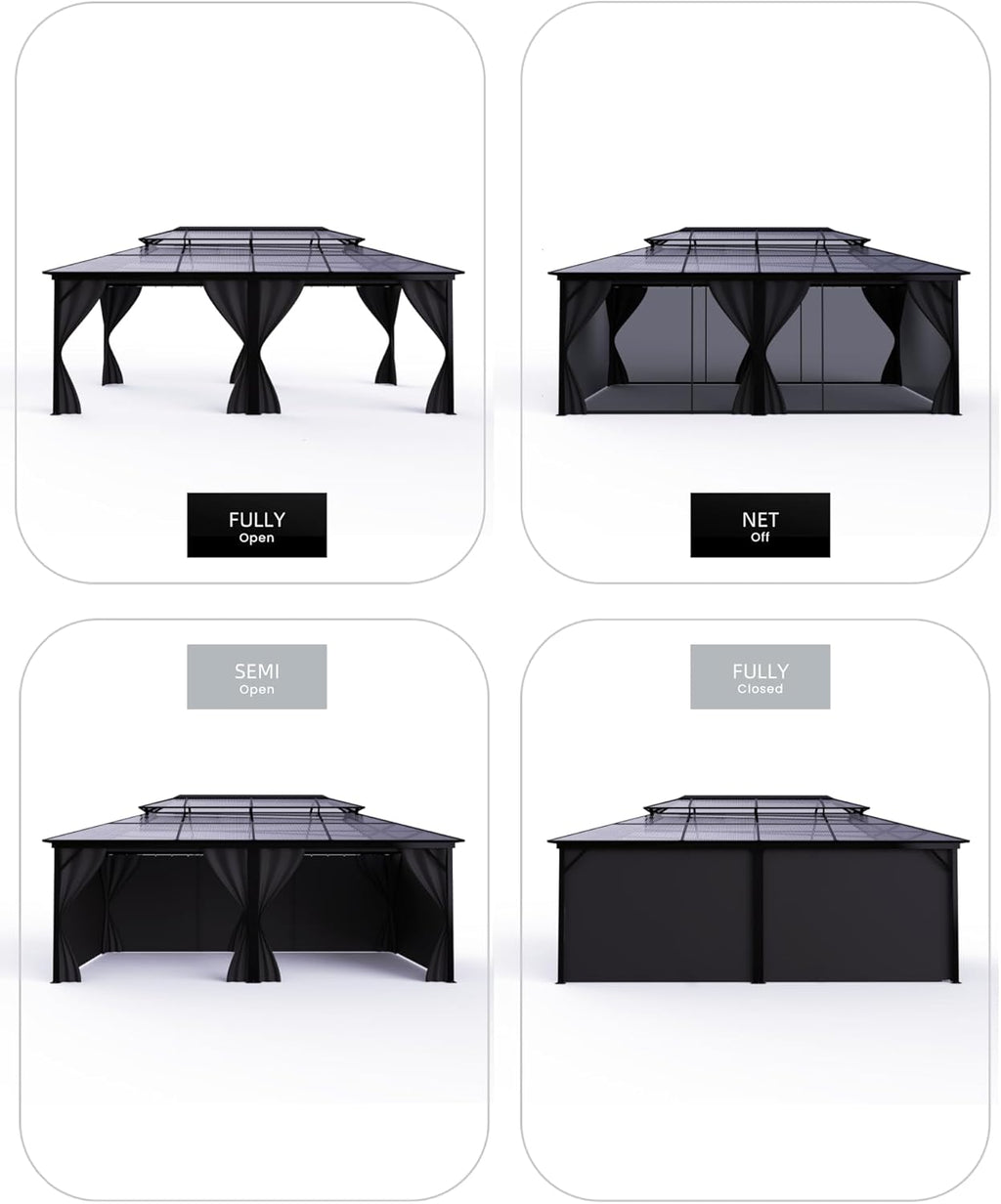 Hardtop Gazebo 12 ft x20 ft for All Weather, Double Polycarbonate Sheets Roof, Aluminum Alloy Frame, Net