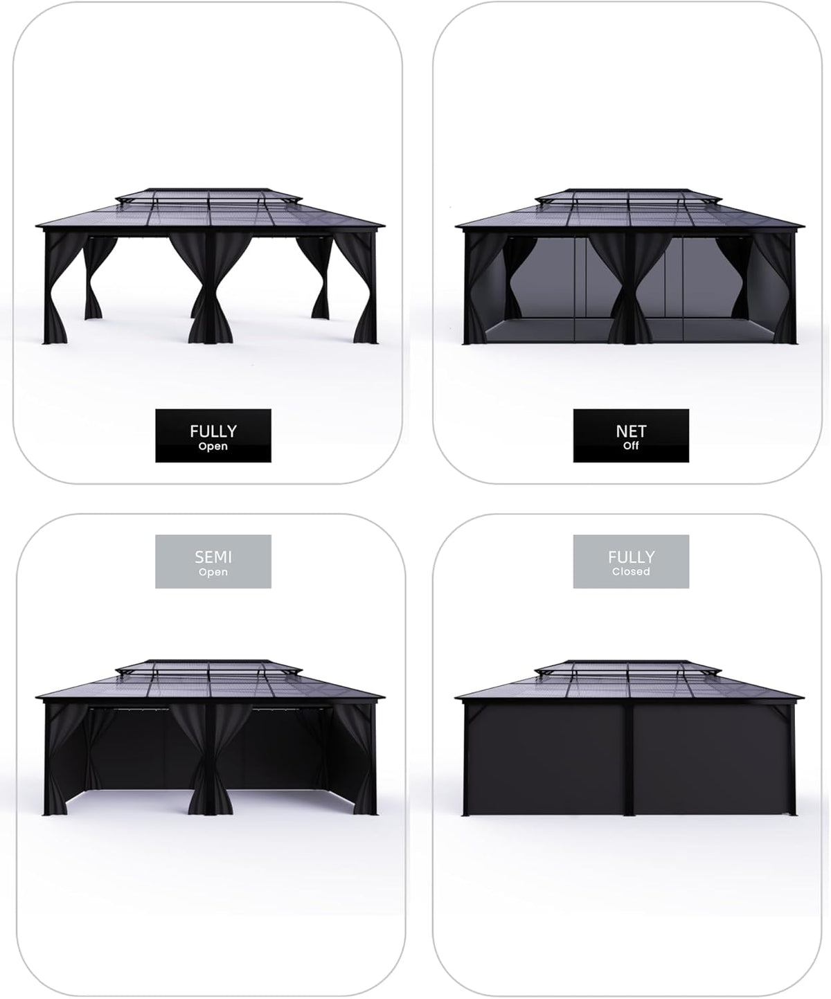 Hardtop Gazebo 12 ft x20 ft for All Weather, Double Polycarbonate Sheets Roof, Aluminum Alloy Frame, Net