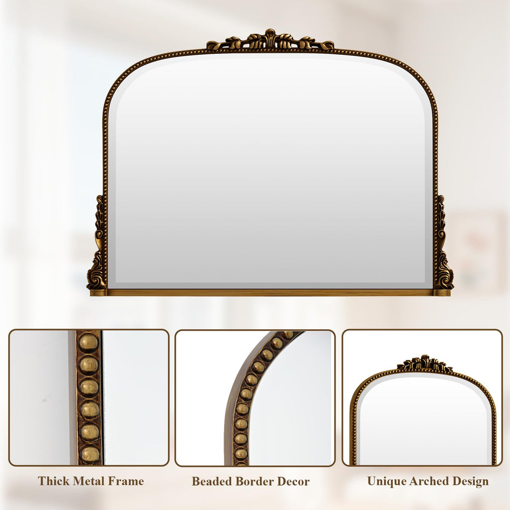 Wall Beaded Mirror, 36 x 27 Inch Round Top Right Angle Wall Mirror, Tempered Glass, Rust Resistant, Horizontally or
