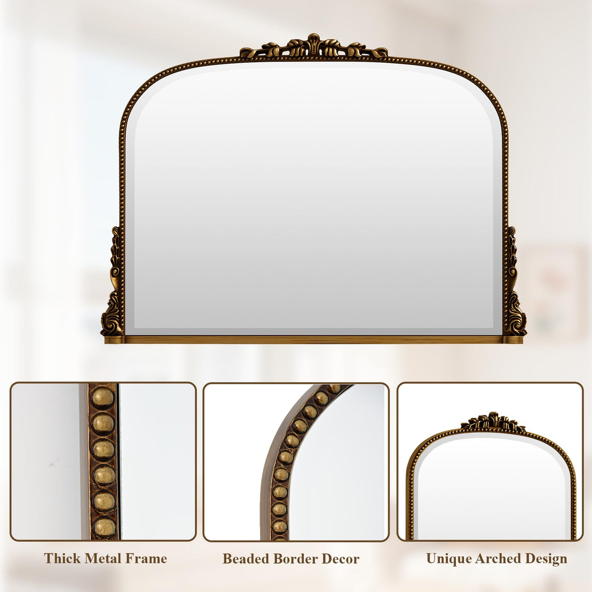Wall Beaded Mirror, 36 x 27 Inch Round Top Right Angle Wall Mirror, Tempered Glass, Rust Resistant, Horizontally or