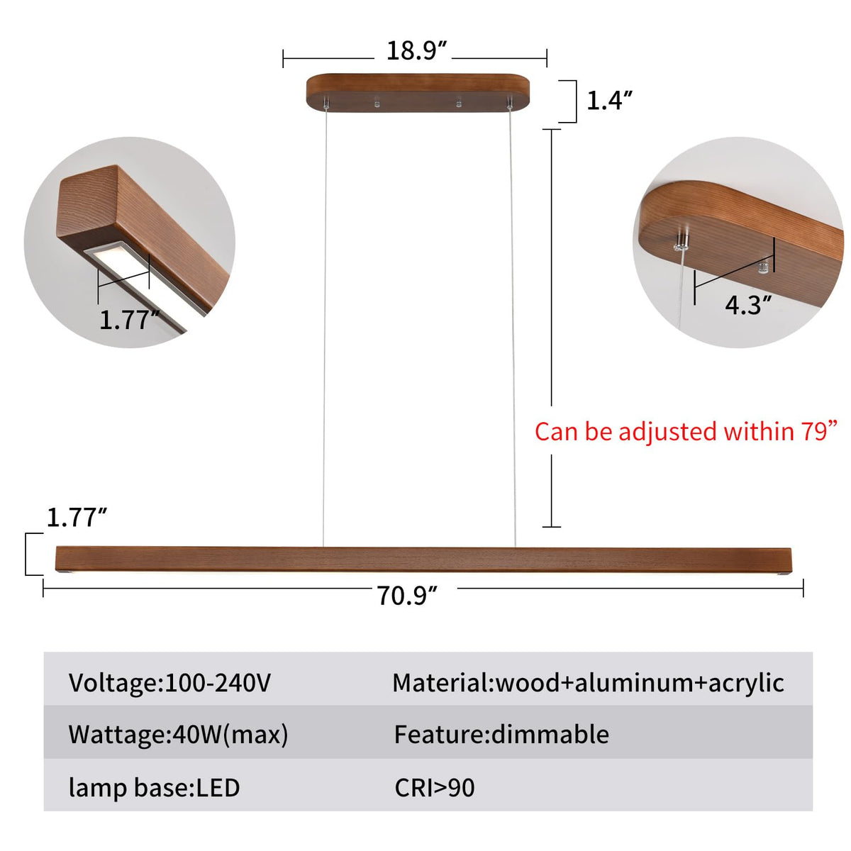 71" Wood Linear Pendant Light Modern LED Dimmable Ceiling Hanging Light Fixtures Wood Linear Chandeliers 40w Kitchen