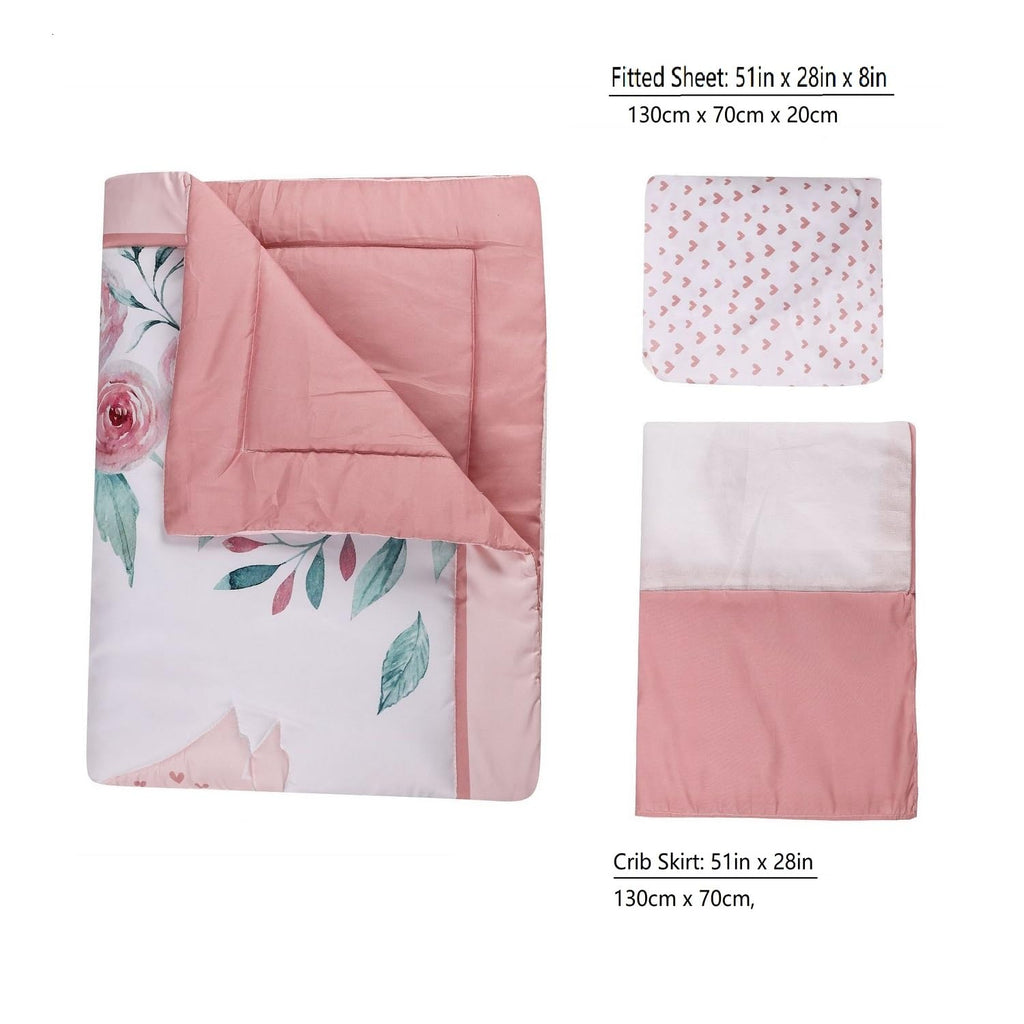 Animals 3pcs Baby Crib Bedding Set (Quilt, Fitted Crib Sheet, Crib Skirt) Pink Nursery Bedding Set for Girls Crib