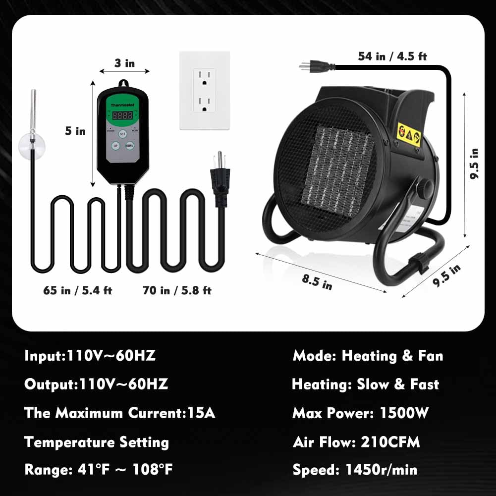 Greenhouse Heater with Thermostat, 1500W Electric Heater Auto Temperature Control Kit Digital Display, Fast Heating