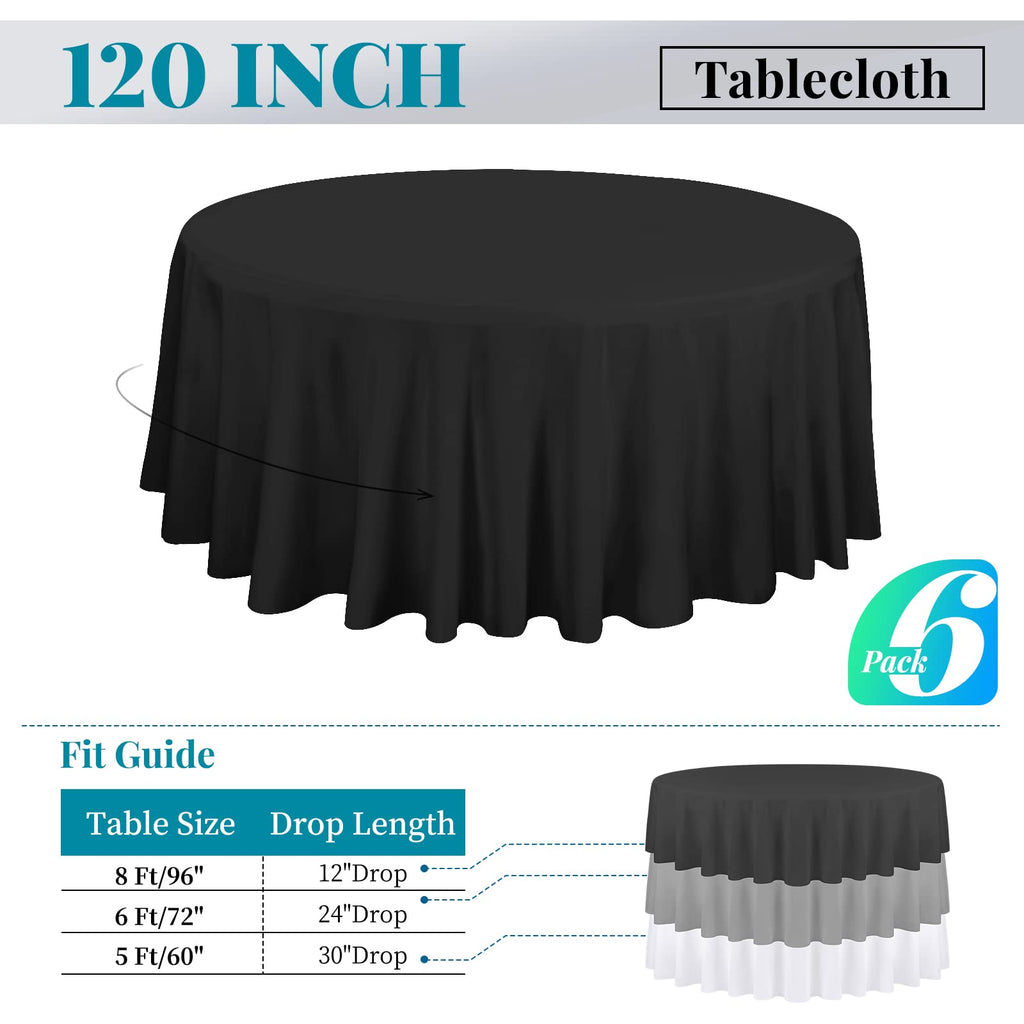 6 Packs Black Round Tablecloth - 120 Inch, Polyester