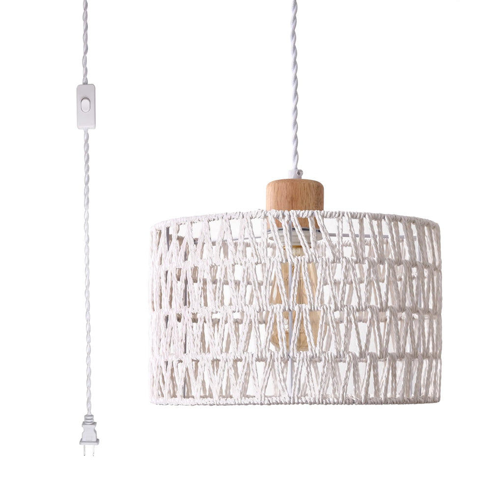 Plug in Pendant Light with Hand Woven Rattan Lampshade, Hanging Lamp with 15 FT Rope Cord On/Off Switch, Boho Pendant
