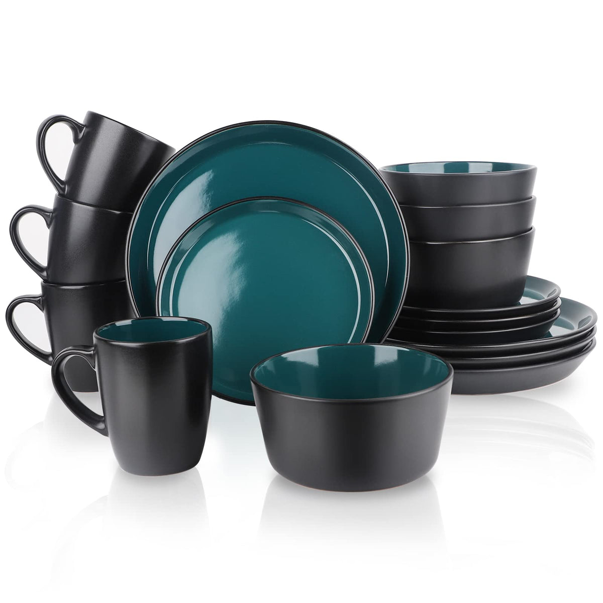 Plates and Bowls Sets, 16 Pieces Dinnerware Sets, Dishes Set for 4, Christmas, Kitchen Set is Home Essentials, Dark