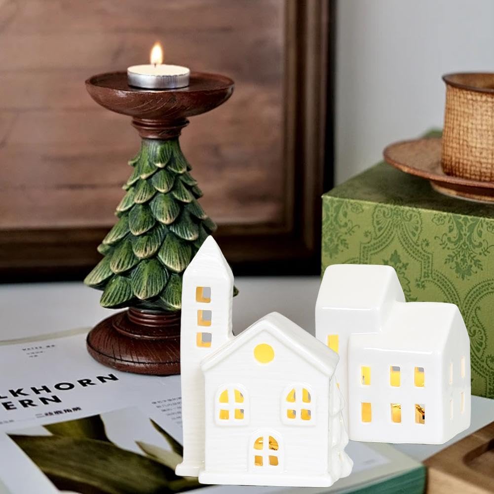 White Ceramic Christmas Village Houses, Christmas Village Sets, LED Lighted Christmas Village Houses, White Porcelain