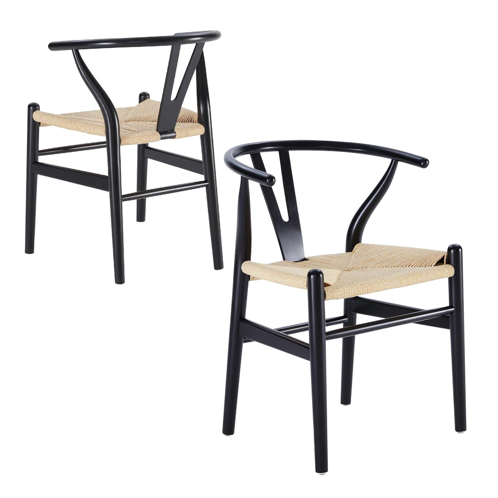 Wishbone Chairs Set of 2, Dining Chairs (Black Frame + Natural Cord)