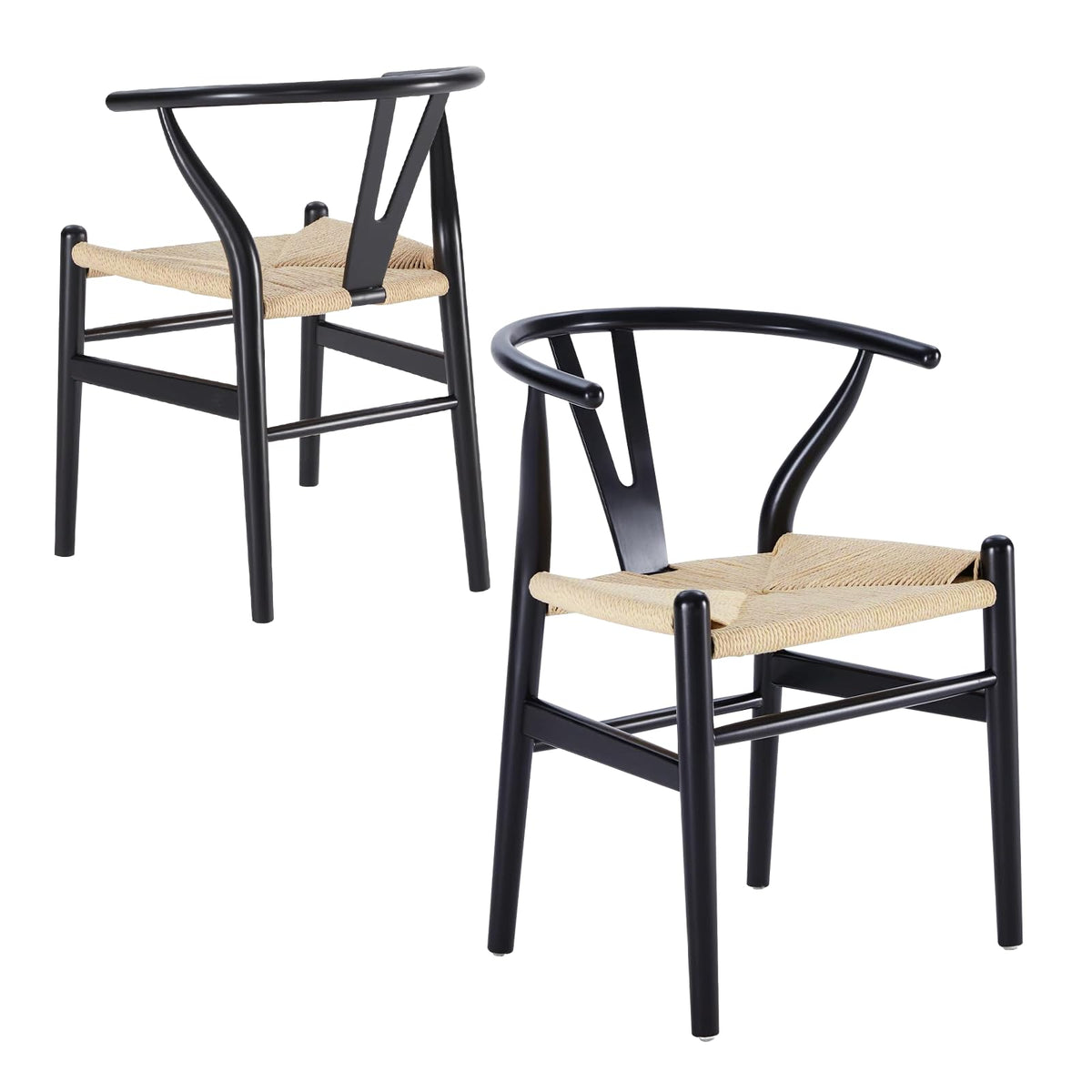 Wishbone Chairs Set of 2, Dining Chairs (Black Frame + Natural Cord)