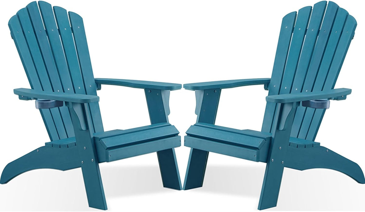 Adirondack Chairs Set of 2 with Cup Holder, Blue | 350Lbs Support, All Weather Patio Chairs for Fire Pit Deck