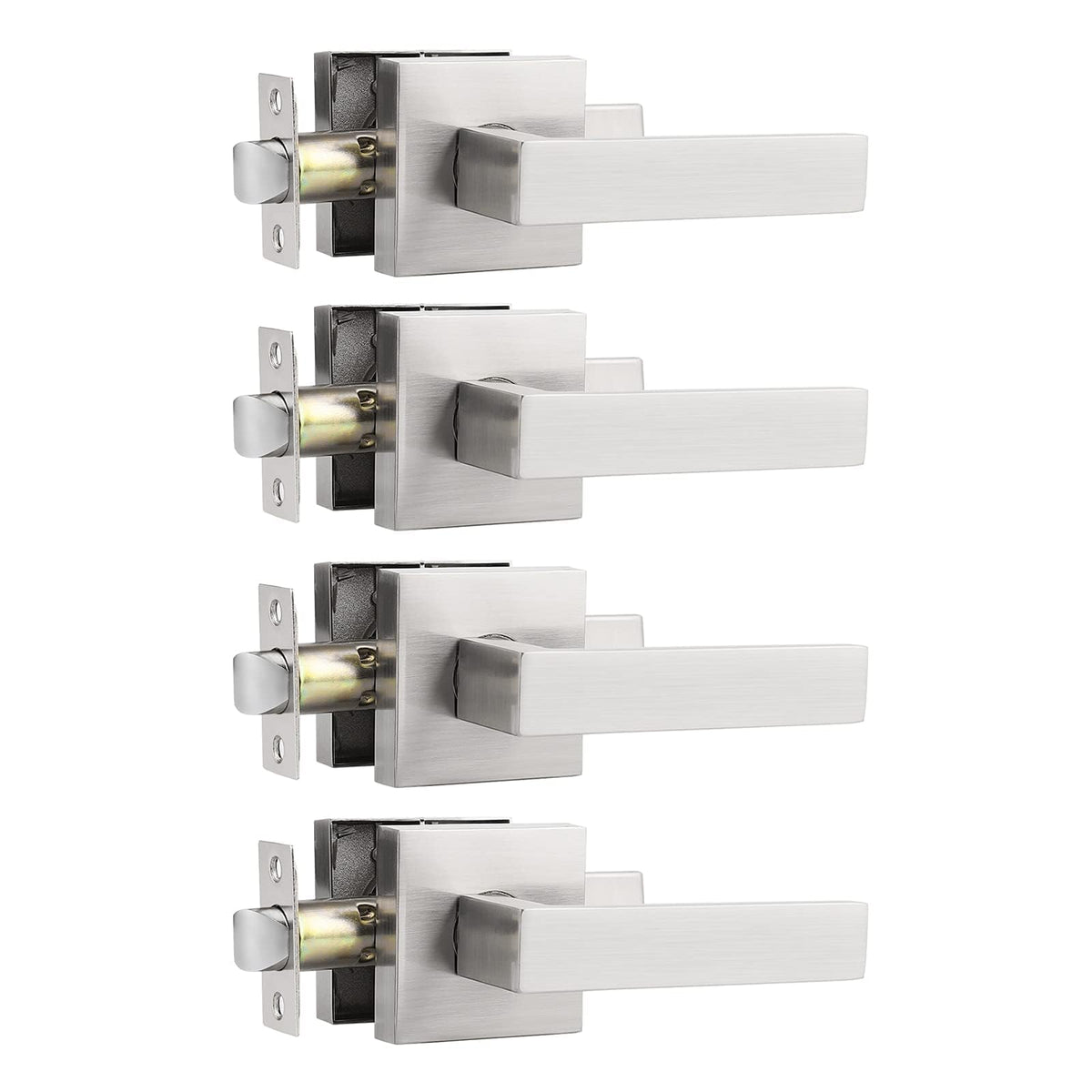 Square Brushed Nickel Passage Door Handles, Interior Non-Locking for Hall & Closet, Heavy Duty Zinc Alloy Reversible